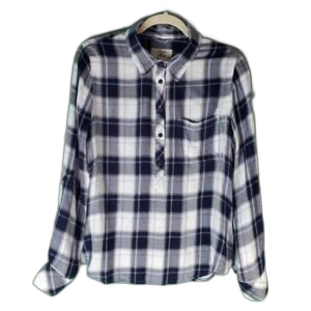 Cosmic Blue Love Women’s Large Plaid Flannel Shirt Black White Button Up